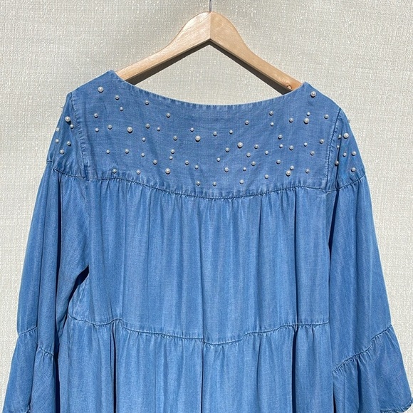 Chelsea & Theadore Chambray Pearls Tiered Dress LT Blue Size XL - Picture 10 of 11